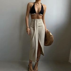 Nouvelle conception jupe longue maxi drapée en coton et lin à taille haute fendue, style décontracté et tendance pour femme - Product Image 2