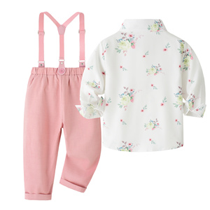 Catpapa Vente en gros Ensemble <span class=keywords><strong>3</strong></span> pièces pour garçons : Chemise à imprimé floral, <span class=keywords><strong>pantalon</strong></span> à bretelles rose et nœud papillon – Tenue de cérémonie pour garçon d'honneur - Product Image 2