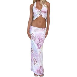 Ensemble jupe 2 pièces personnalisé 2026 pour femme – Haut court et jupe longue d'été, tenue de plage, taille élastique, dos nu, sans manches, imprimé numérique - Product Image 1