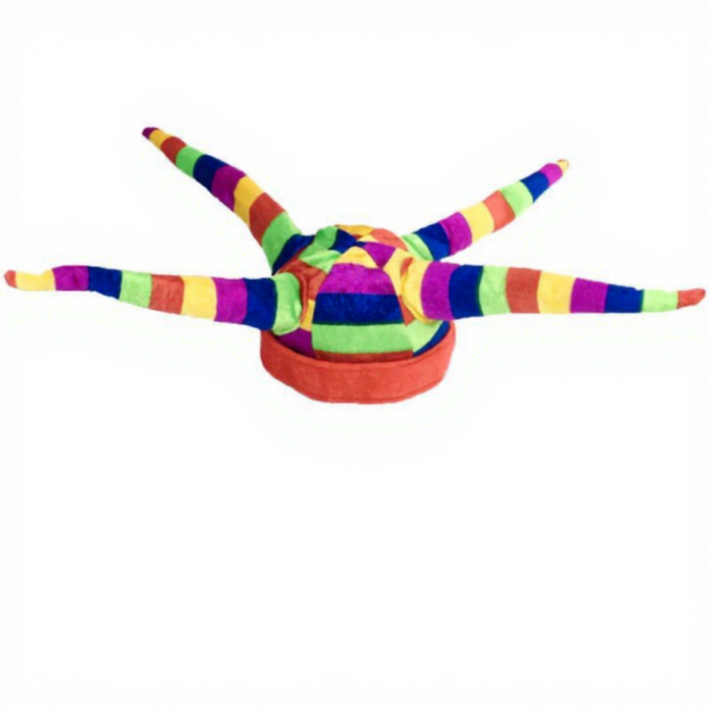 Sombrero de payaso rojo de cuatro puntas y diseño colorido.
