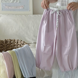 Girls Pants Cotton Solid Color Long Casual Summer Thin Quick Dry Mosquito Proof Drawstring Trousers For Kids - Product Image 4