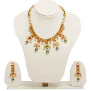 Gold Kundan Style Necklace <b>Set</b> With Green <b>Beads</b> Pearl Drops And Matching Earrings Traditional Wedding Jewelry - Product Image 1