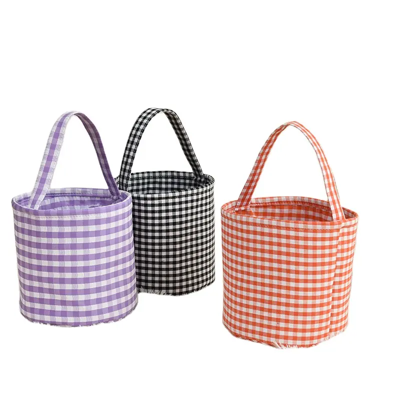 2022 New Arrival Gingham Canvas Halloween Tote Basket Festival Party Decor Embroidery Trick Or Treat Bags Halloween Candy Bucket