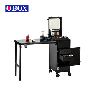 Chariot de rangement professionnel pour maquillage avec miroir et tiroirs pour nail art et maquillage permanent, type rectangulaire noir sur pied - Product Image 3