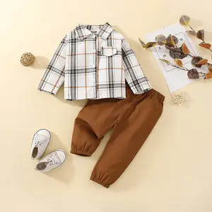 2205311 Meninos Outono Roupa do bebê Set Infantil Camisa Xadrez Calças 2pcs Coreano Roupa Do Bebê Meninas Meninos Calças Terno