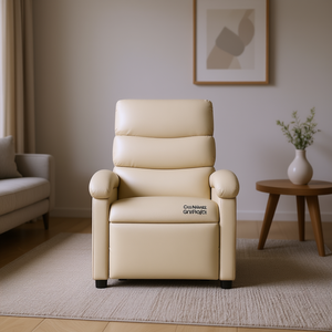 Poltrona Reclinabile in Ecopelle Crema, Un Posto, Funzionamento Manuale, Design Contemporaneo, Schienale Stretto, Braccioli Imbottiti, Struttura in Legno - Product Image 2