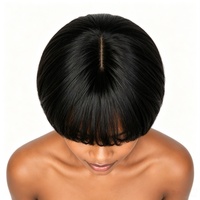 Perruque courte en cheveux humains, coupe pixie avec frange, raie 3x1 nouée à la main, noir naturel, pour femmes, vente en gros