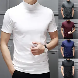 Yijin 2024 Trend Summer Mercerized Cotton Men Half High Collar Short Sleeve Slim Body T-Shirt