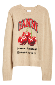 Patrón de logotipo personalizado y punto de letras moda Otoño mezcla de algodón suéter manga larga Mujer cuello redondo cereza pulóver - Product Image 3