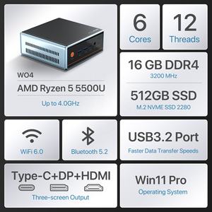 Mini PC économique avec processeur AMD Ryzen 7 <span class=keywords><strong>5700U</strong></span> Wifi 6.0 BT5.2, R5 5500U, DDR4 16 Go, SSD 1 To, pour jeux, compatible Windows 11 Pro/Linux - Product Image 3