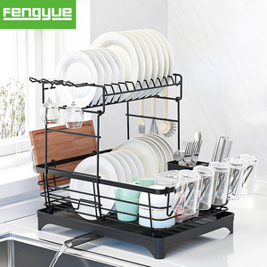 Égouttoir à vaisselle à <span class=keywords><strong>double</strong></span> niveau en acier noir, support de rangement pour armoire de cuisine, présentoir et organisateur pour vaisselle et bols - Product Image 1