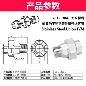 Raccord plat à connexion directe en acier inoxydable 304 avec filetages mâle et femelle, insertions filetées - Product Image 4