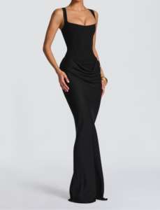 Robe longue de soirée chic pour femme T-1548, col carré, bretelles ajustables, dos nu, sexy, superposée, plissée, pour fête - Product Image 3