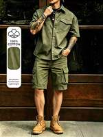 Ensemble 2 pièces en coton pour homme : chemise décontractée à manches courtes et short cargo, tenue de travail unie, ensemble veste en jean pour homme pour l'été