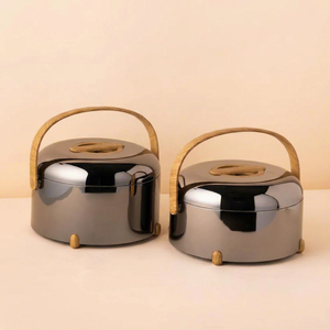 Casserole ronde minimaliste en acier inoxydable avec poignée en bois, récipient isotherme pour aliments - Product Image 1