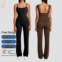 Ensemble de sport 2 pièces pour femme, effet seconde peau, extensible, avec pantalon de yoga évasé froncé respirant et débardeur en tissu écologique