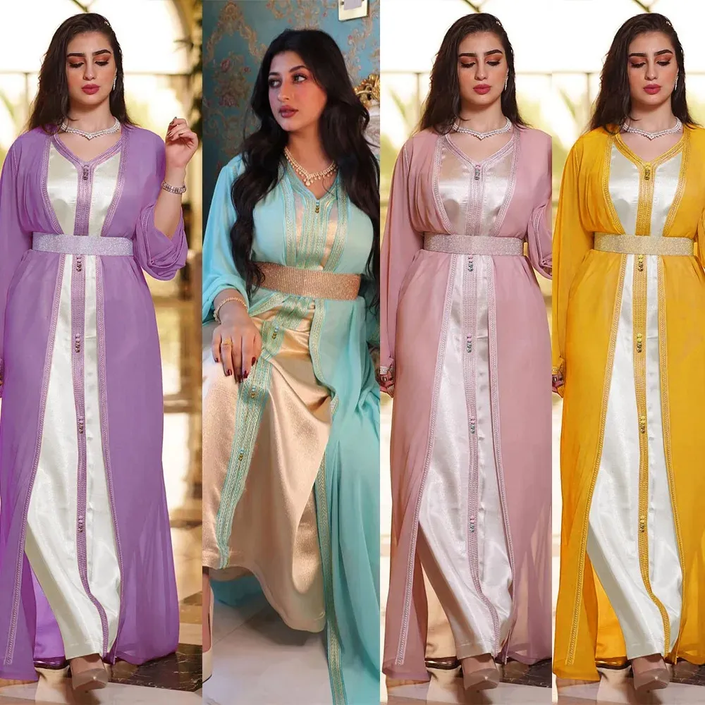 Luxury Muslim Abaya Women Arabic Dress Ethnic Chiffon Dresses Dubai Robe 2023 Summer Fashion Kaftans 2 Piece Set Plus Size