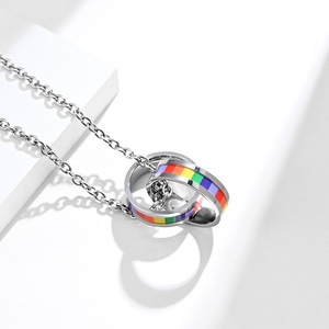 Unisex Double <b>Ring</b> Rainbow Flag <b>Necklace</b> Stainless Steel Pendant Gift Jewelry - Product Image 2