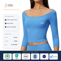 Haut court de yoga personnalisé avec logo, épaules dénudées, convertible 2-en-1, col bateau, manches mi-longues, pour femme, idéal pour la danse et l'entraînement, vente en gros