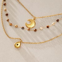 Collier superposé J&D Designer Stars Moon en acier inoxydable plaqué or 18 carats PVD, avec perles en œil de tigre et strass champagne