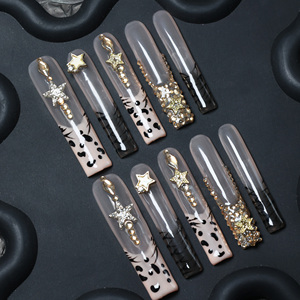 Uñas acrílicas artesanales de alta gama al por mayor, uñas postizas cuadradas de cobertura completa, con pedrería, diseño de estampado de leopardo, personalizables. - Product Image 2