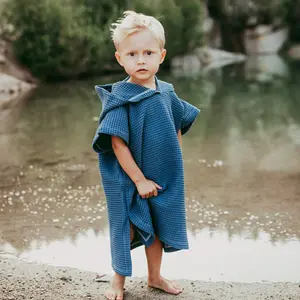 Kids Summer Towel Poncho Macaron Solid Color Waffle Cotton Wearable Baby Dry Fast Short Sleeve Towel Beach Hooded Change Robe