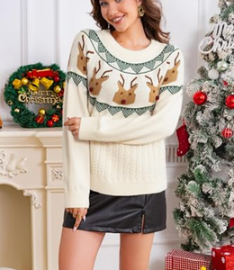<span class=keywords><strong>Pull</strong></span> de Noël moche pour femme, 100% coton tricoté, couleur crème, motif renne personnalisé, manches longues, pour les fêtes de Noël, fabrication OEM B2B - Product Image 3