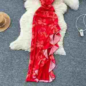 Vestido midi casual de verano para mujer, sexy, sostenible, tejido, transpirable, con cuello en V, abertura asimétrica, corte en A, espalda descubierta, con volantes y encaje. - Product Image 3