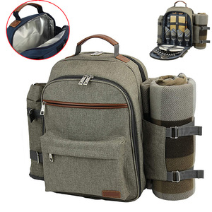 Family Couples <b>Picnic</b> <b>Basket</b> Backpack Set with Blanket Insulated Cooler Wine Pouch for 4 Person - Product Image 1