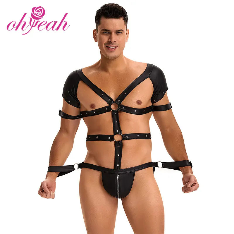 BDSM Fashion Adjustable Leather Bondage Harness Men Rivet Paneling Hip Open Back Fetish Bondage Straps Sexy Lingerie Men