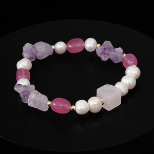 Pulsera de Perlas Naturales de Agua Dulce Únicas para Mujer, Chapada <span class=keywords><strong>en</strong></span> Oro de 18K, con Cuentas de Amatista Cruda, <span class=keywords><strong>Calcedonia</strong></span> Rosa y Cuarzo Rosa - Product Image 3