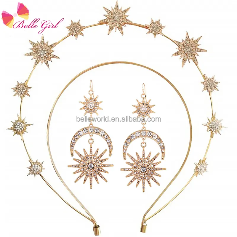 BELLEWORLD fábrica Europa y América lujo halo joyería accesorios sol Luna estrella metal halo corona diadema y pendientes