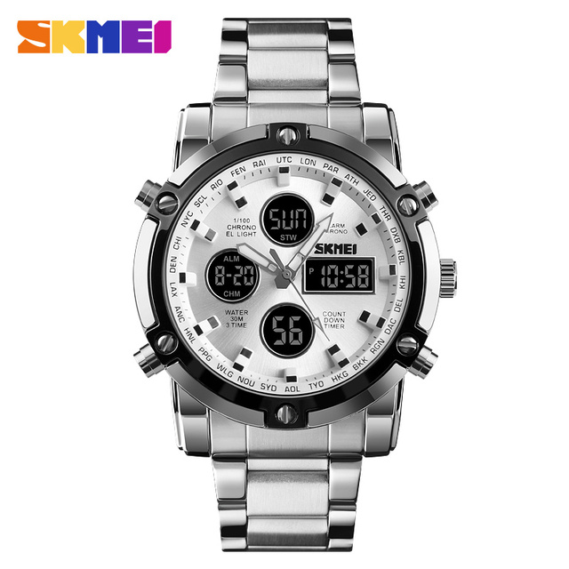 Original SKMEI brand 1389 top sell stainless steel fashion dual time waterproof analog digital watch