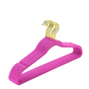 Hot Selling Velvet Non Slip Pink Hangers Ultra Thin Rugged Hangers With Gold Plated Hooks