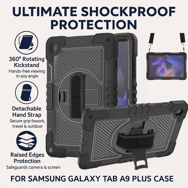 OEM Custom Shockproof Tablet Case for Samsung Tab A9 Plus with 360° Rotation Disc Kickstand Hand Strap Rugged Protective Cover