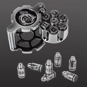 Jeu de dés polyédriques en métal pour jeux de rôle de table (RPG) et D&D, thème Cyberpunk, criminalité et mystère, en forme de balle de revolver rotative - Product Image 4