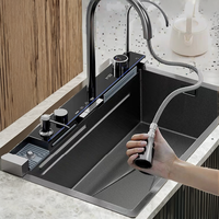 Évier de cuisine moderne en acier inoxydable 304 brossé, à cuve carrée unique, fait main, multifonction, avec robinet de rinçage intelligent à cascade