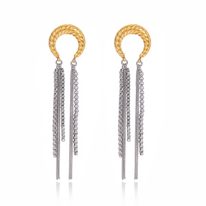 Boucles d'oreilles pendantes spirale lune à pampilles en acier inoxydable plaqué or 18 carats, design géométrique bicolore or et argent, bijoux de mode - Product Image 5