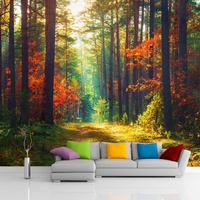 Papier peint mural autocollant amovible imperméable, motif forêt de pin automnale et rayons de soleil, décoration murale d'accentuation naturelle