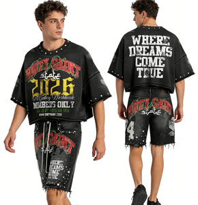 Ensemble décontracté d'été deux pièces : T-shirt personnalisé en denim et short respirant en maille à imprimé graphique, coupe ample, style streetwear - Product Image 2