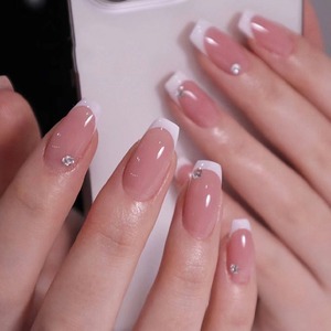 12 faux ongles en acrylique style français romantique, demi-couverture, forme amande, press-on, couleur bonbon, pour doigts - Product Image 1