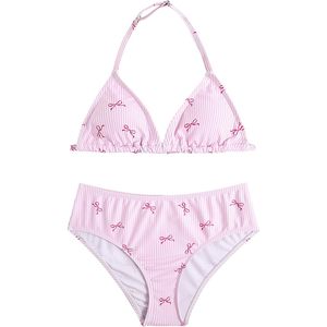 FOXA Conjunto de bikini triangular de 2 piezas para niña, traje de baño con estampado de lazo a rayas rosas, ropa de playa, tela elástica - Product Image 1