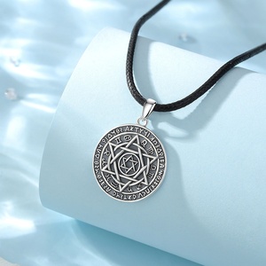 Collana con Ciondolo Talismano di Salomone in Argento Sterling 925, Vintage, Goffrato, Rotondo, per Uomo, Regalo per Matrimonio o Festa - Product Image 4