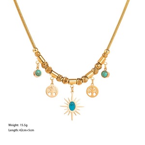 Collana Vintage color smeraldo in acciaio inossidabile con zirconi da donna a prova di Watrtproof 18K placcato <span class=keywords><strong>oro</strong></span> collana con ciondolo <span class=keywords><strong>sole</strong></span> - Product Image 2