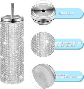 Harga Pabrik 20Oz Skinny Lurus Bling Lurus Tumbler Berlian Imitasi Kristal Vakum Terisolasi dengan Tutup dan Sedotan Air Kopi - Product Image 5