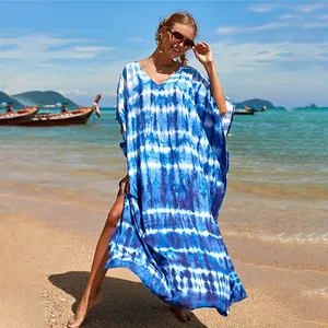 Cover Up Maxi Dress Robe Tunic For Beach, Print Multicolor Beach Kaftan Swimsuit Cover-up Bohemian Dress