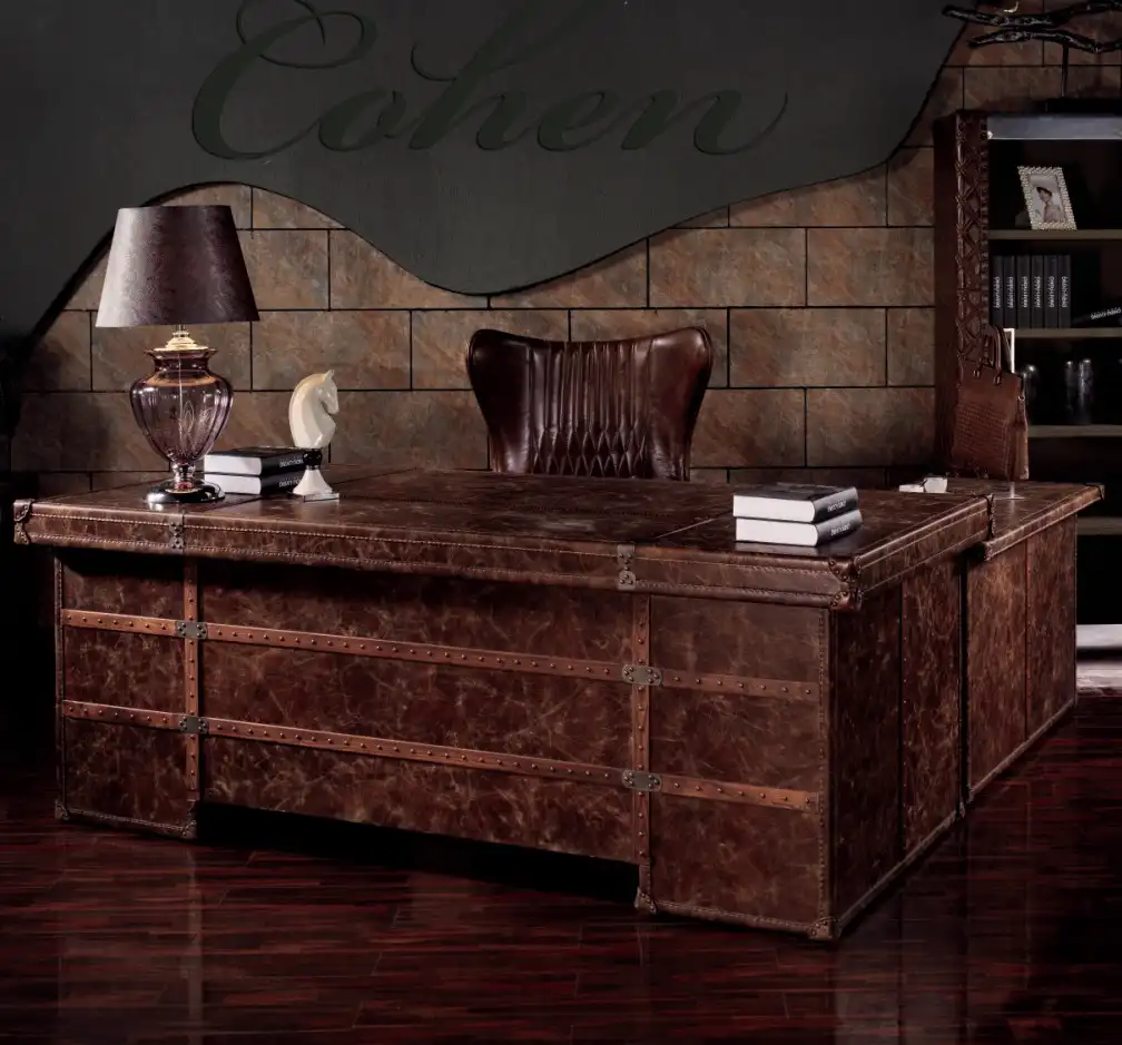 L-forma muebles de oficina ejecutiva vintage de cuero, mesa de oficina
