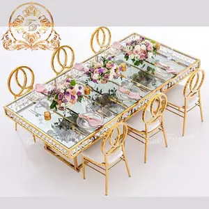 Floral design metal living room gold dining mirror glass table with crystal