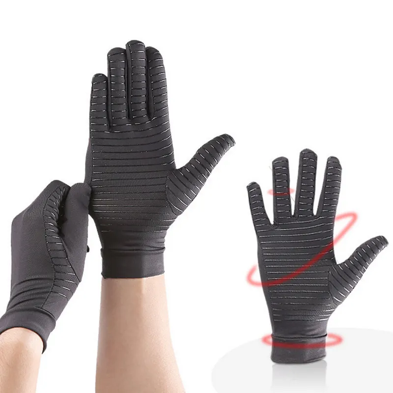 Fullfinger ถุงมือป้องกันข้ออักเสบสีดำถุงมือบีบอัดทองแดงกันลื่นถุงมือป้องกันเพื่อความปลอดภัย