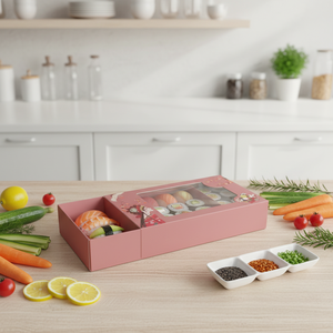 Kotak Kue Kertas Persegi Panjang Ramah Lingkungan dengan Laminasi Matt Biodegradable <span class=keywords><strong>7</strong></span> X 4.3 X 1.5 Inci dan Tutup Transparan untuk Sushi - Product Image 4
